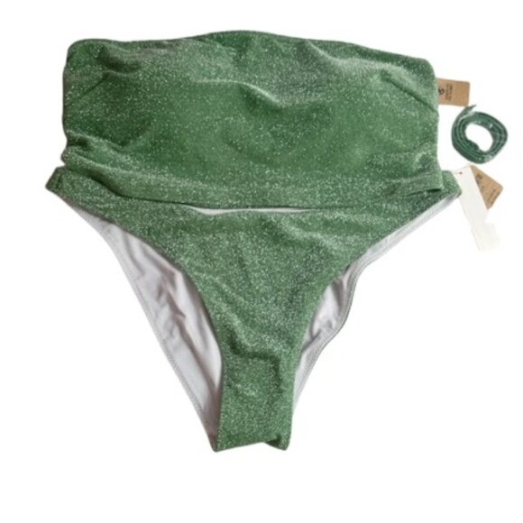 PINK Victorias Secret Womens Brazilian Bandeau Cheeky Bikini Green Glitter L New - Picture 1 of 2